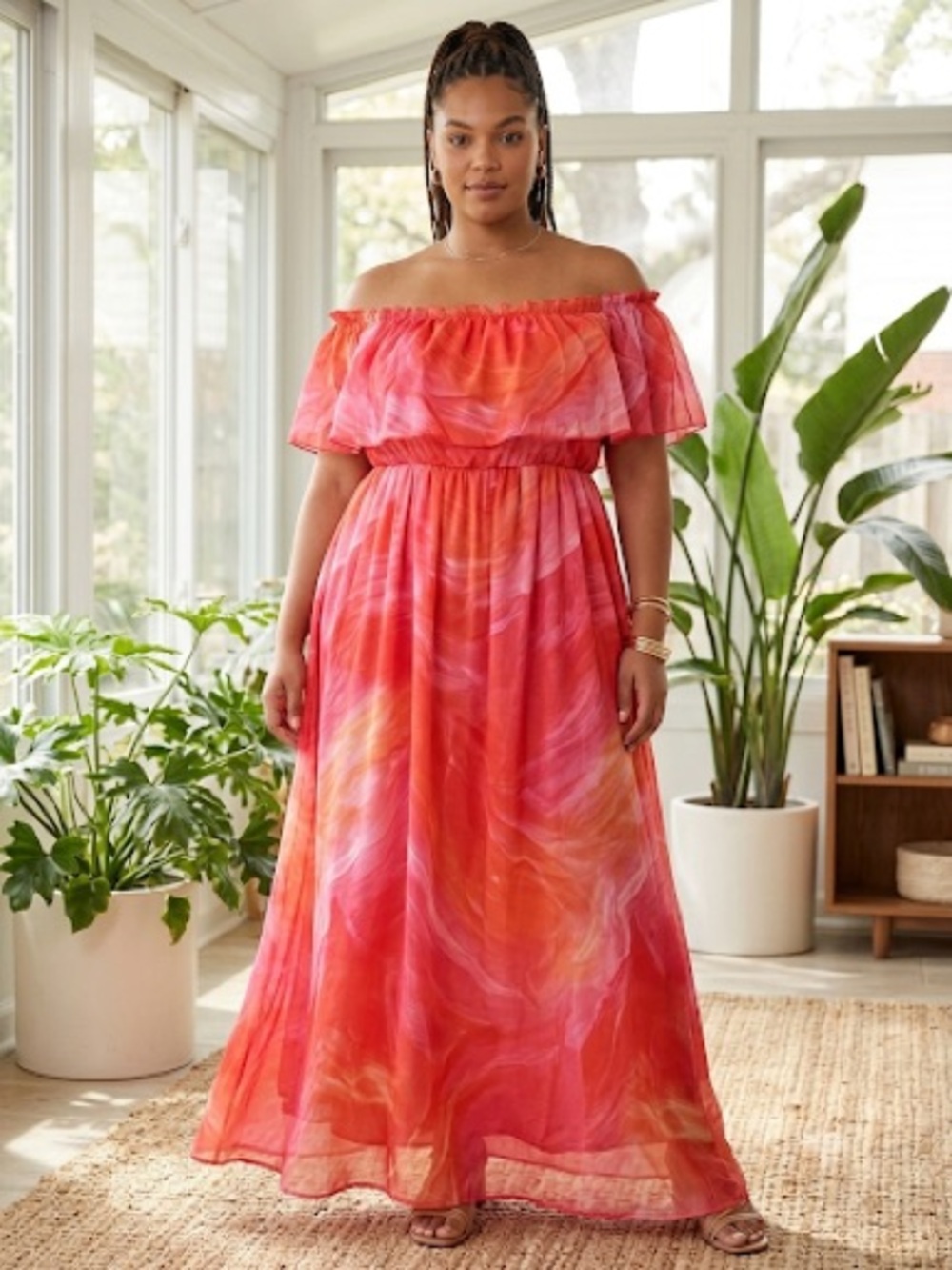 Off-Shoulder Watercolor Maxi Dress in Coral Pink/Orange/White